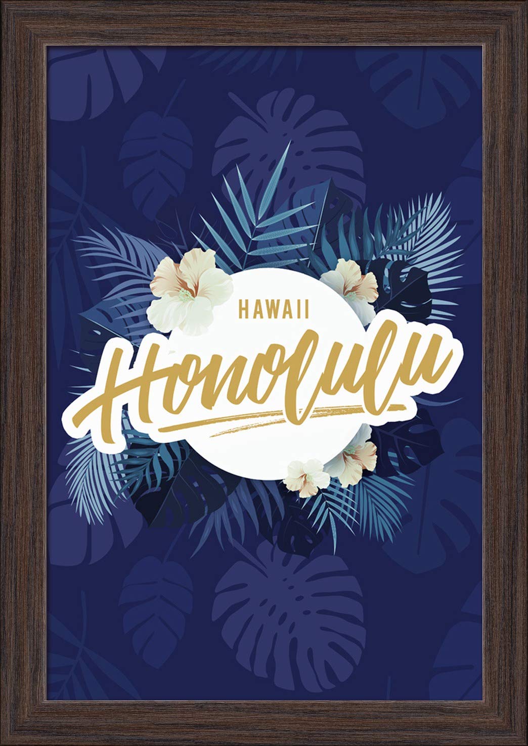 Hawaiian Tropical Palm Fronds Wreath Wall Art - 12x18 Inch Giclee Fine Art Print with Recycled Wood Frame in Espresso Brown - Perfect for Beach House Decor, Living Room, or Tropical Theme Bedroom