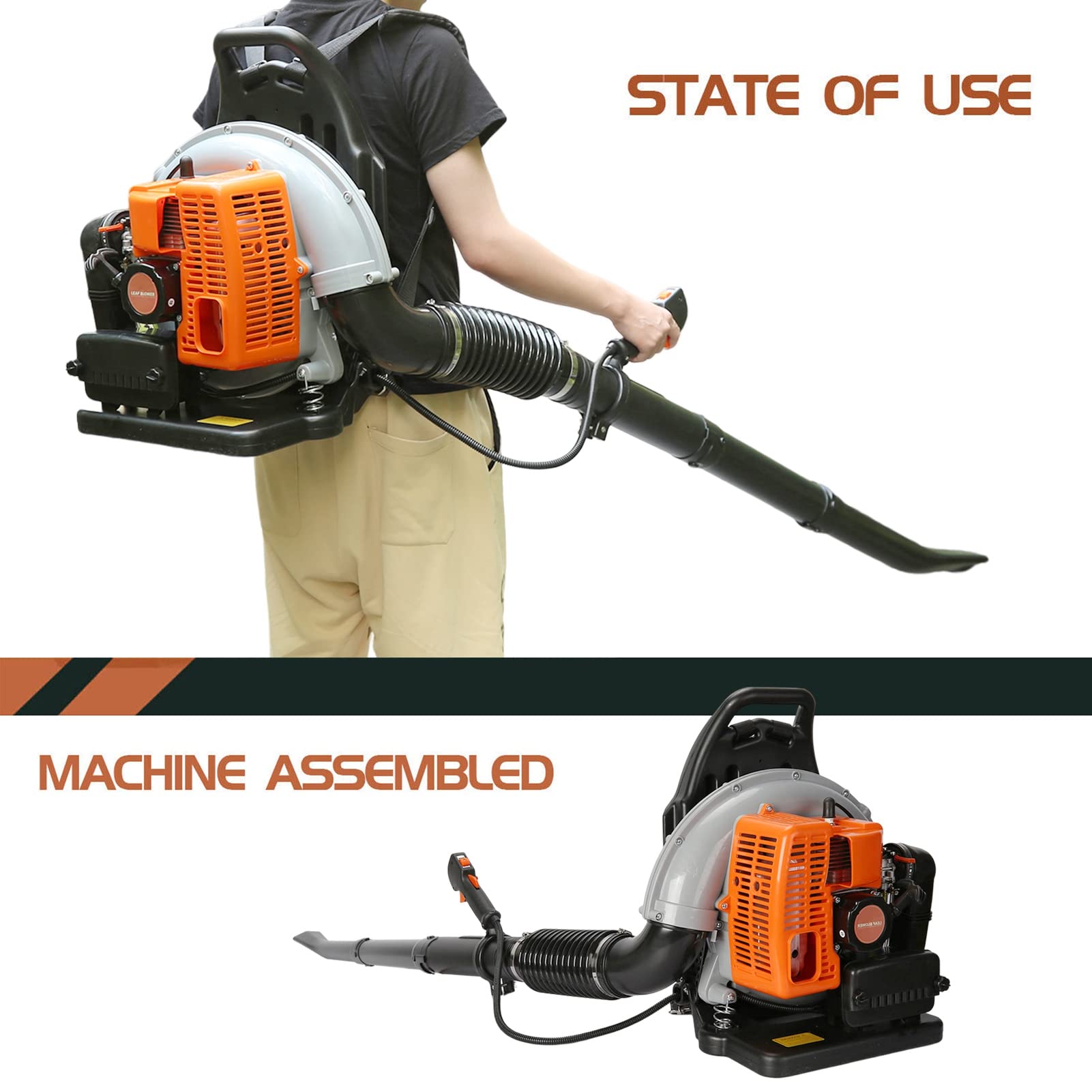 63CC 3HP 2-Stroke Gas Powered Backpack Leaf Blower - High Power Lawn & Garden Blower for Leaves, Snow, Grass - Single Cylinder Air-Cooled Engine - Ideal for Yard Cleaning, Gutter Maintenance & Snow Removal