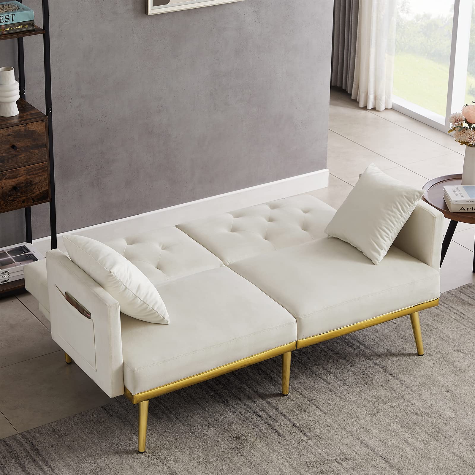 Antetek 59-inch Convertible Futon Sofa Bed - Modern Velvet Sleeper Loveseat with 2 Pillows, 3 Adjustable Positions & Gold Metal Legs | Space-Saving Living Room & Bedroom Furniture for Small Apartments, Guest Rooms & Studio Spaces (White)