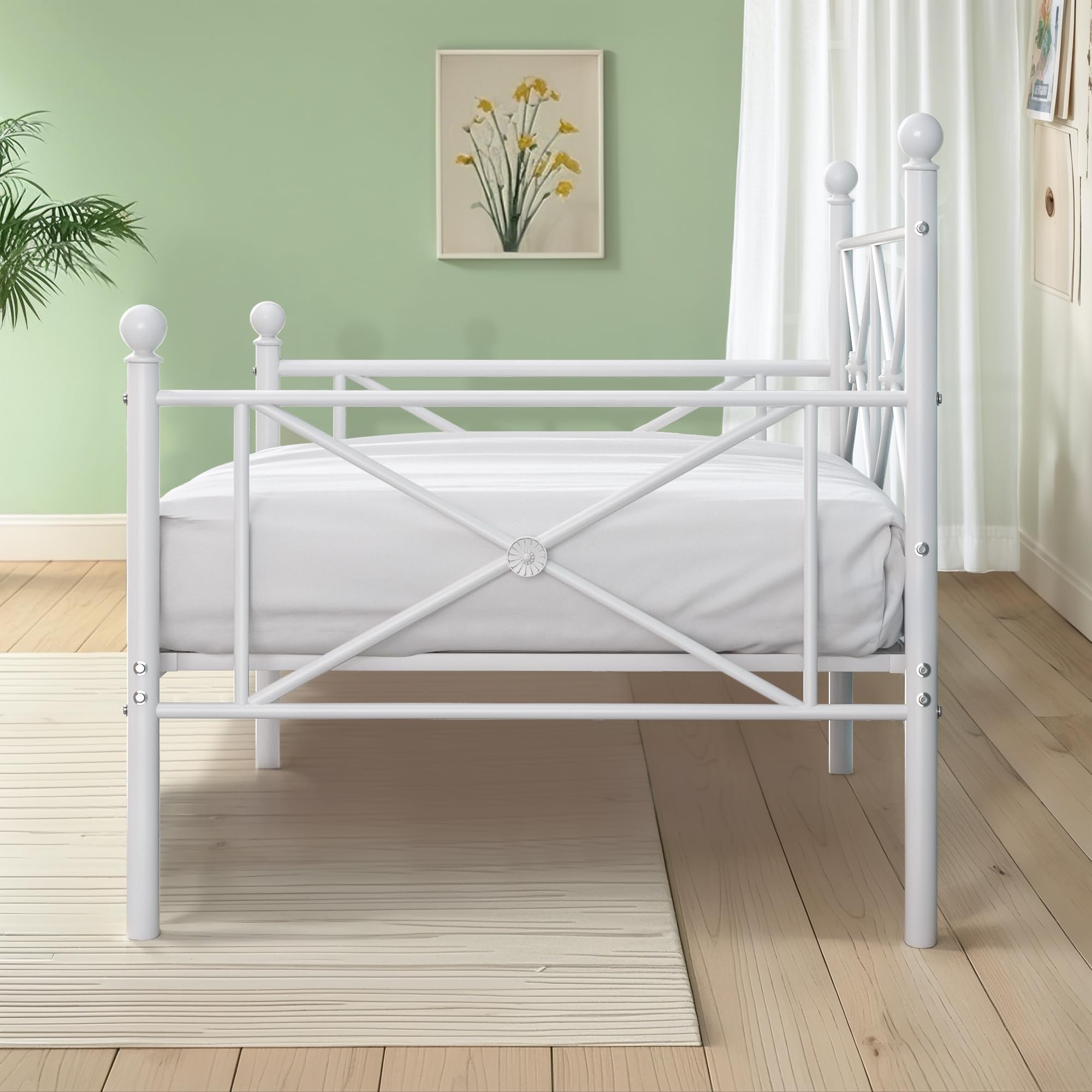 VECELO Twin Daybed Frame - Sturdy Metal Platform Bed with Elegant Headboard, No Box Spring Needed, Perfect for Bedroom, Living Room & Guest Room - Pure White | Ideal for Small Spaces, Sleepovers & Multi-Purpose Use