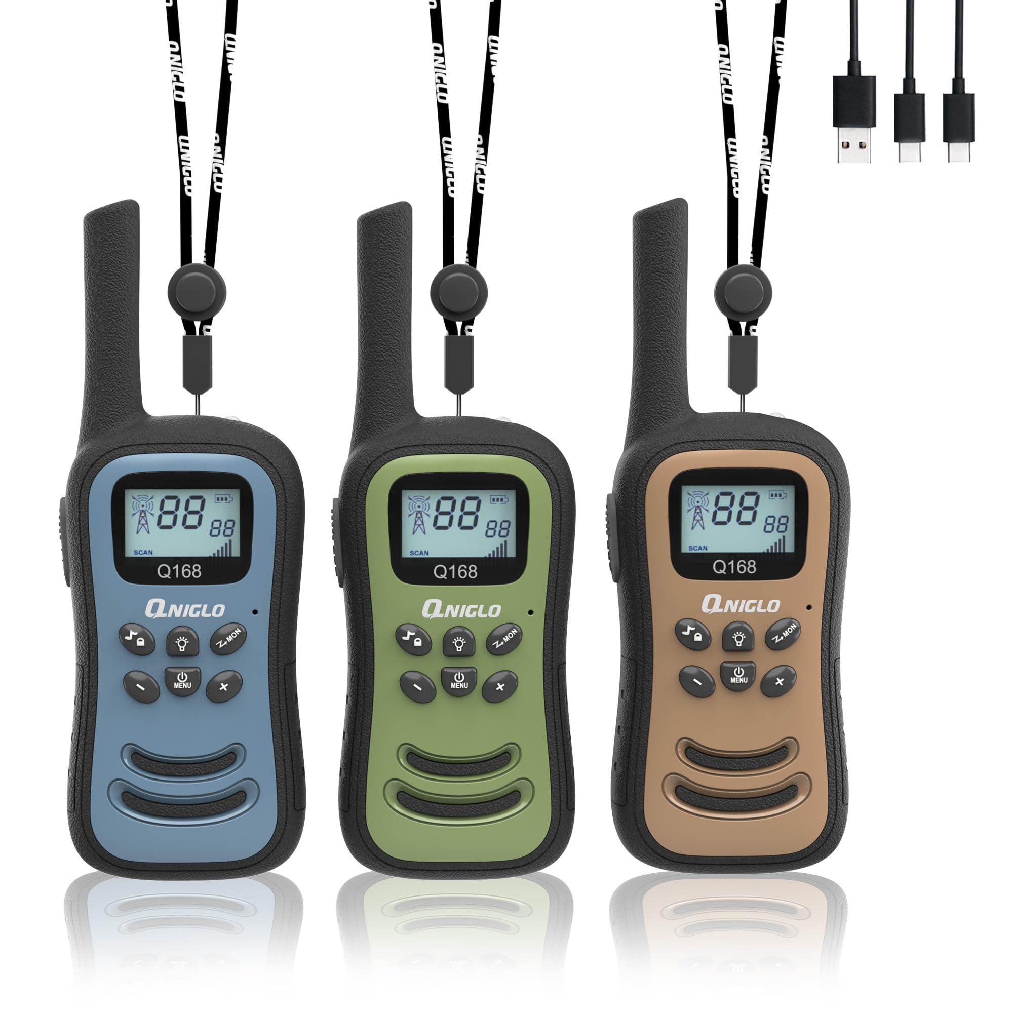 Qniglo Rechargeable Walkie Talkies for Adults & Kids - 22 FRS Channel Long Range 2 Way Radios with VOX & LED Flashlight - Perfect for Hiking, Camping, Outdoor Adventures & Emergency Communication (3 Pack)