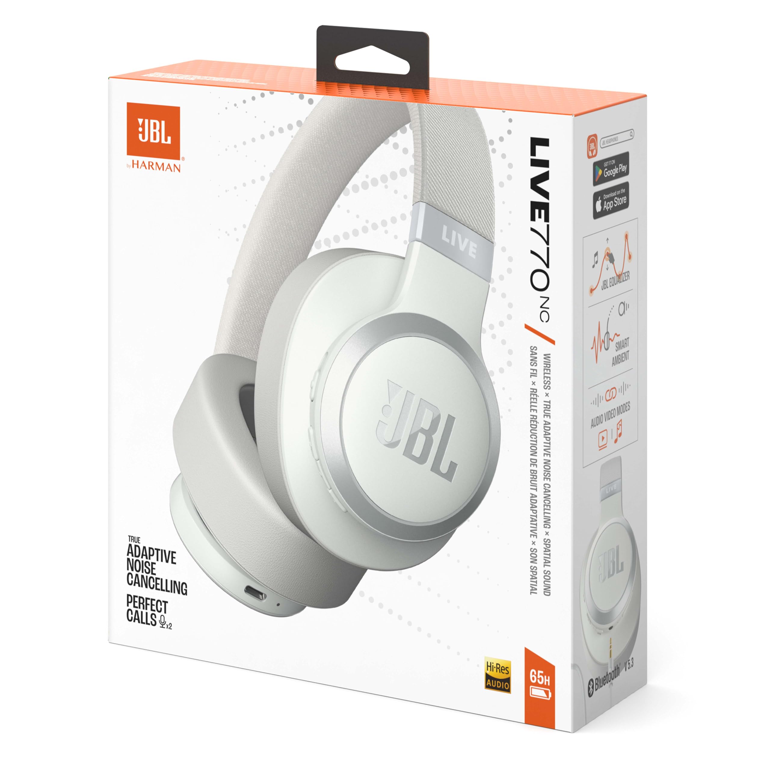 JBL Live 770 NC Wireless Over-Ear Headphones with Active Noise Cancelling, 65H Battery Life, Bluetooth 5.3, Hi-Res Audio - Perfect for Travel, Work & Gaming (White)