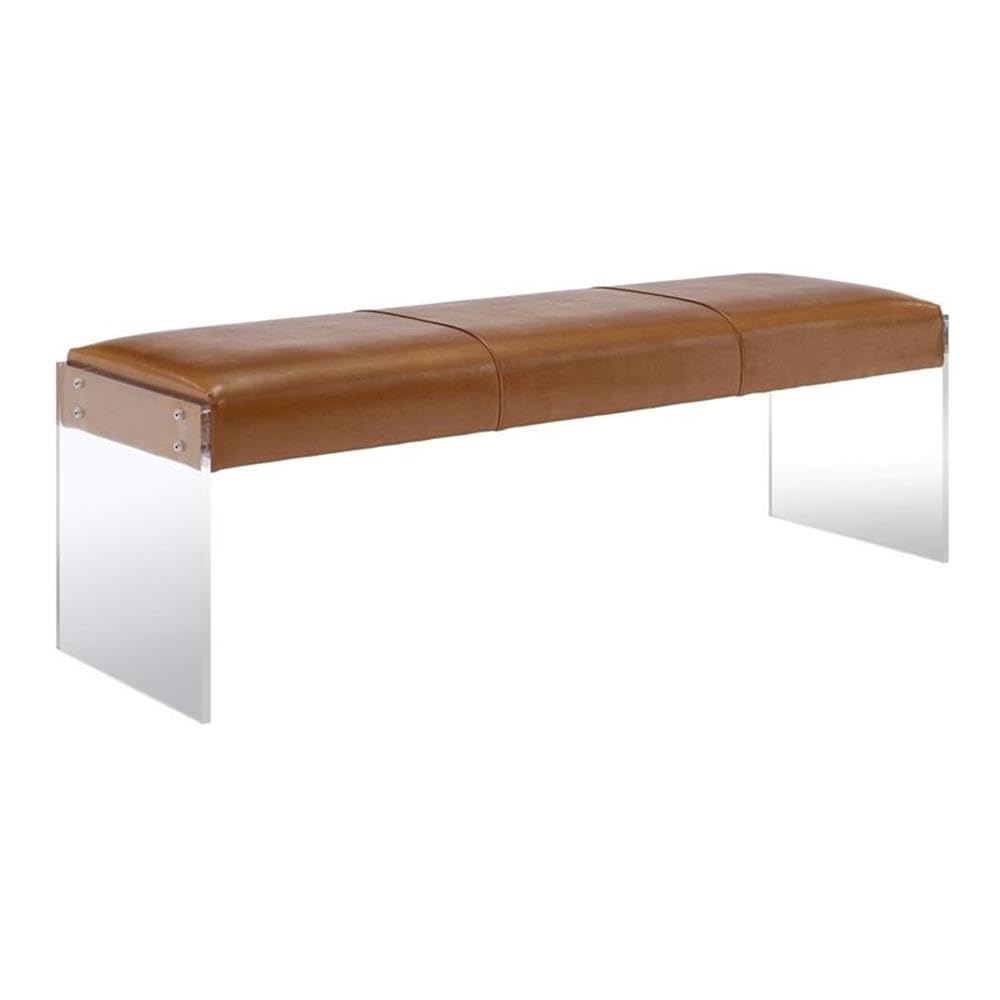 TOV Furniture Envy Leather/Acrylic Bench - Modern Brown Leather Seat with Acrylic Legs for Living Room, Bedroom & Entryway Decor