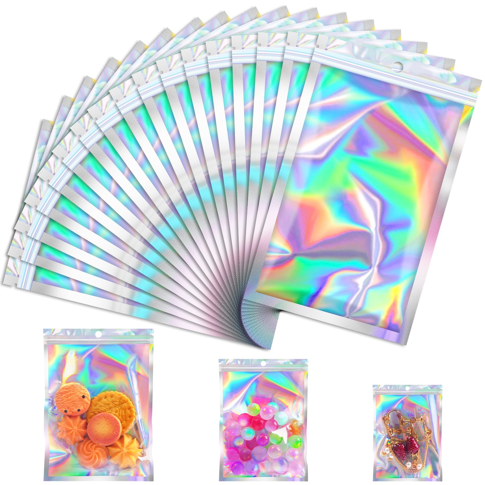 100 Pcs 3x5in Mylar Bags - Holographic Smell Proof Resealable Foil Pouches for Candy, Treats, Jewelry & Bracelets | Small Business Packaging, Freshie Bags & Sample Bags - Perfect for Retail, Gifts & Storage