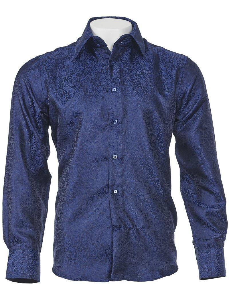 Long Sleeve Light Navy Paisley Jacquard Shirt for Men - Stylish Casual Button Down Top for Office, Date Night & Fall Layering