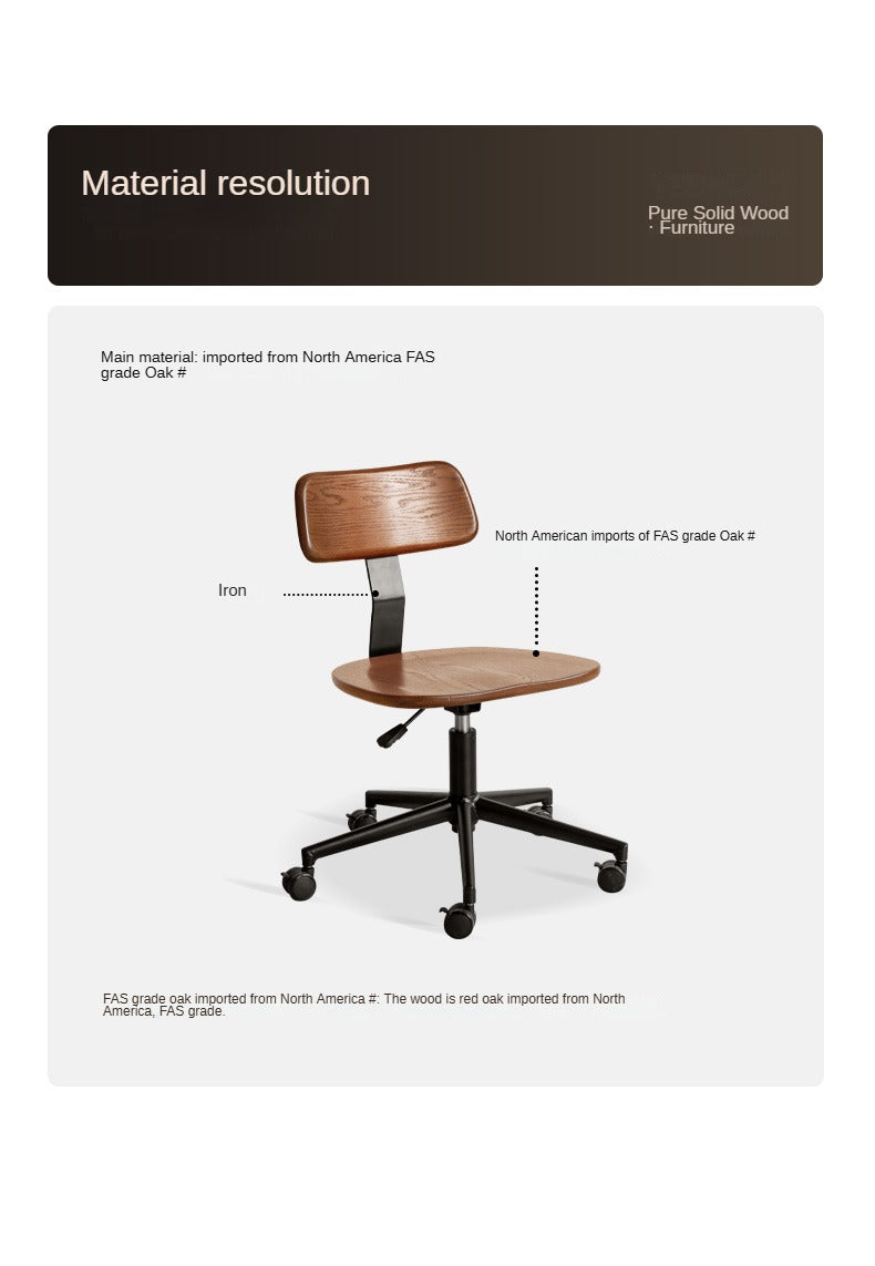Modern Oak Solid Wood Lift & Swivel Office Chair - Ergonomic Rotatable Computer Desk Chair for Home & Office Workspace