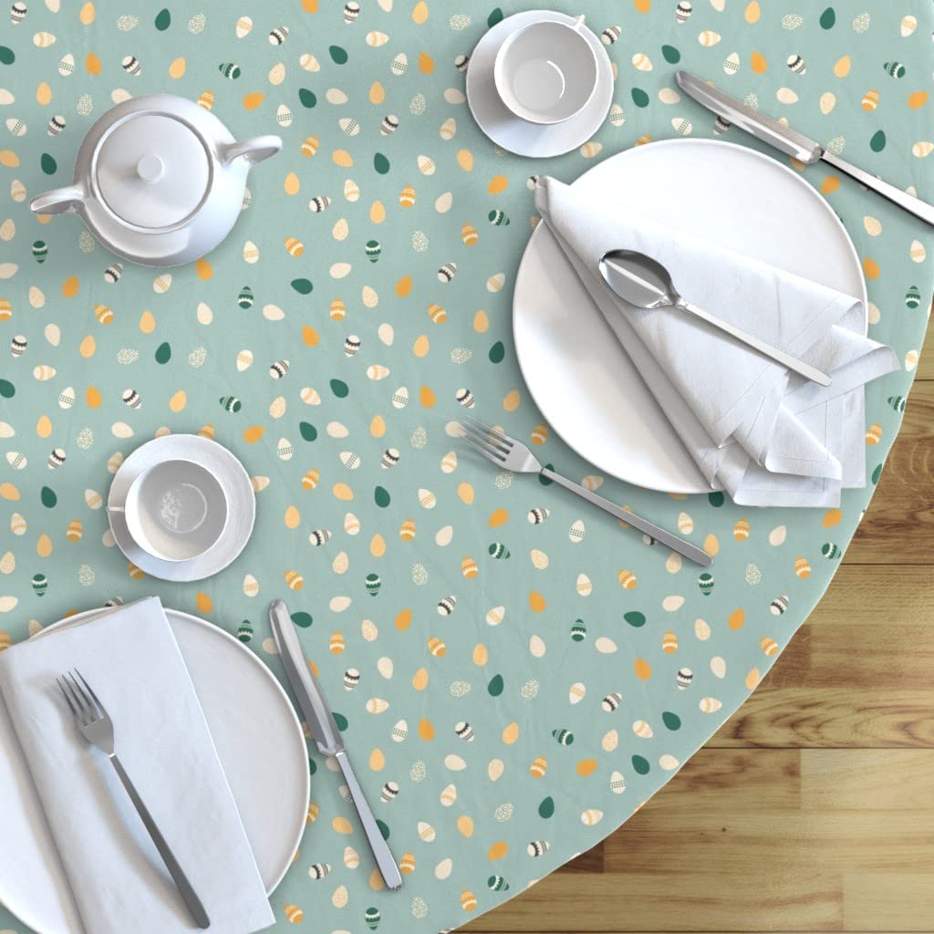 Easter Eggs Tossed Dusty Blue Orange Chicks Print Cotton Sateen Tablecloth - 90