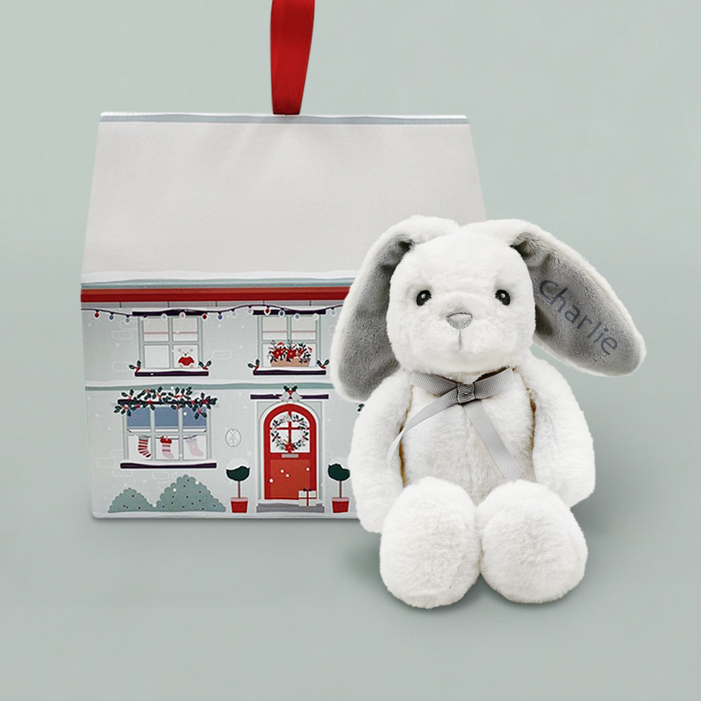 Personalized Grey Christmas Baby Bunny Plush Toy with Gift Box - Perfect for Holiday Gifts, Stocking Stuffers & Nursery Decor