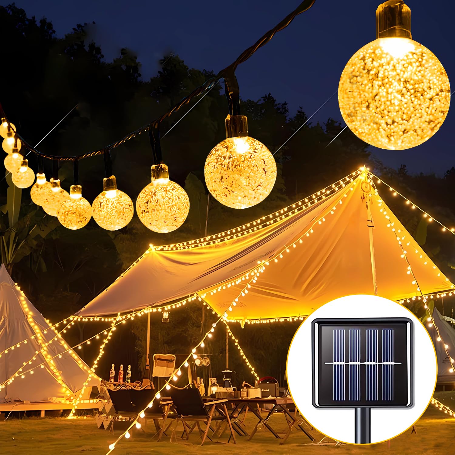 36ft 60 LED Solar String Lights Outdoor - Waterproof Crystal Globe Lights with 8 Lighting Modes | Solar Powered Garden Lights for Patio, Yard, Wedding, Party & Festival Decor (Warm White) | Perfect for Backyard BBQs, Holiday Lighting & Romantic Ambiance