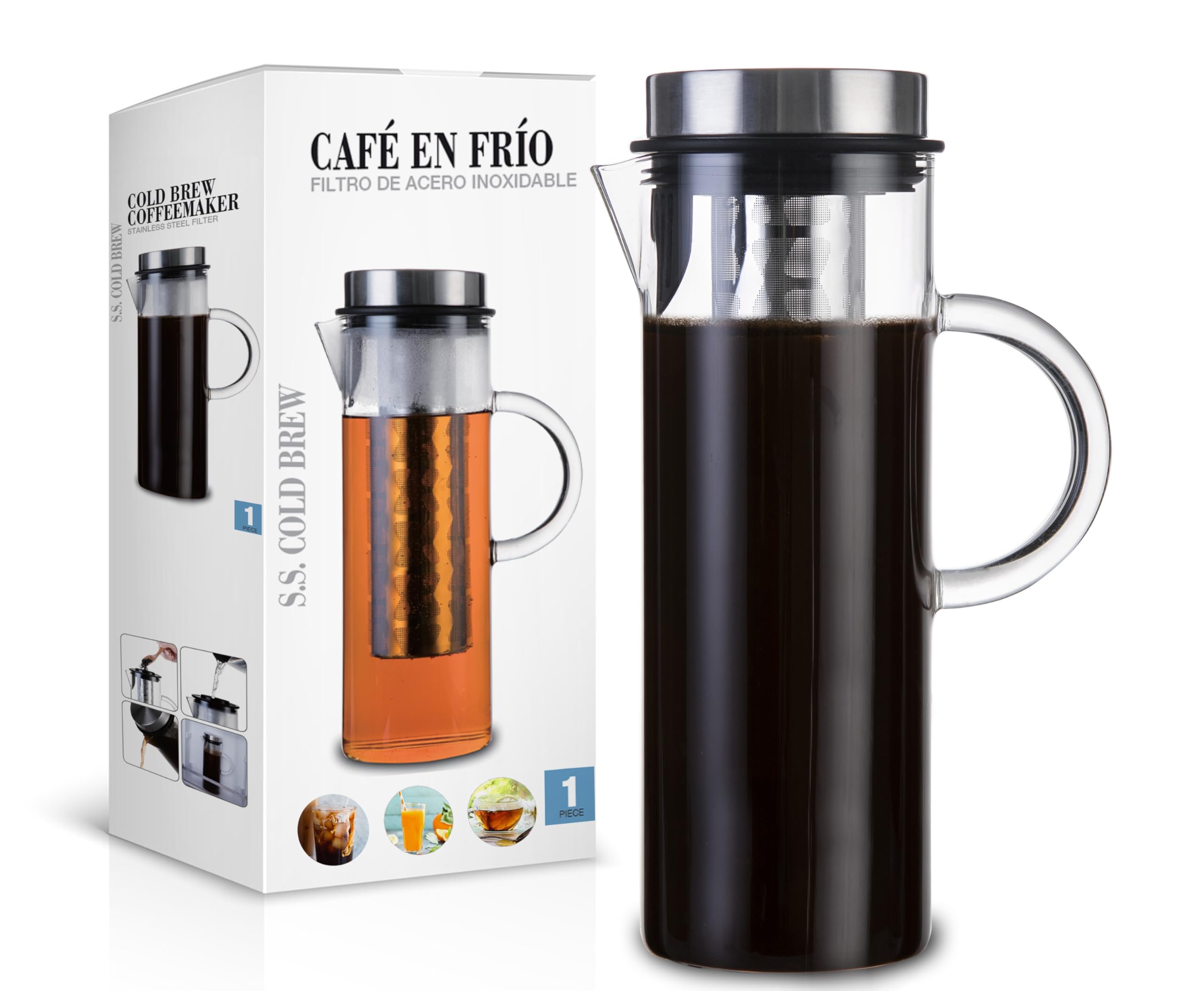 Premium Stainless Steel Cold Brew Coffee Maker - 44oz (1300ml) with Removable Filter for Smooth Iced Coffee - Perfect for Home, Office & Outdoor Use