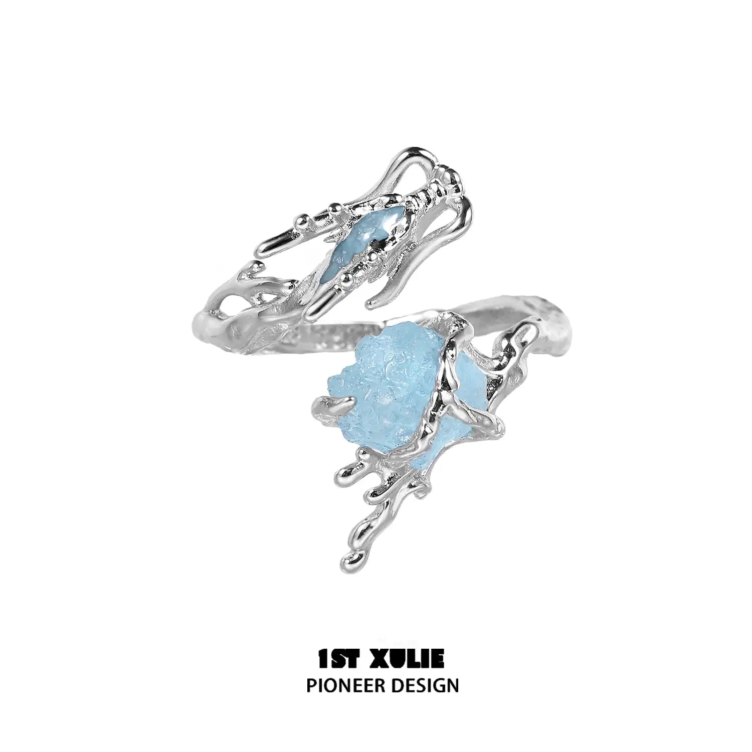 Loong Ling Loong Aquamarine S925 Sterling Silver Adjustable Open Ring for Women - Elegant Stackable Boho Jewelry Gift for Birthday, Anniversary & Everyday Wear