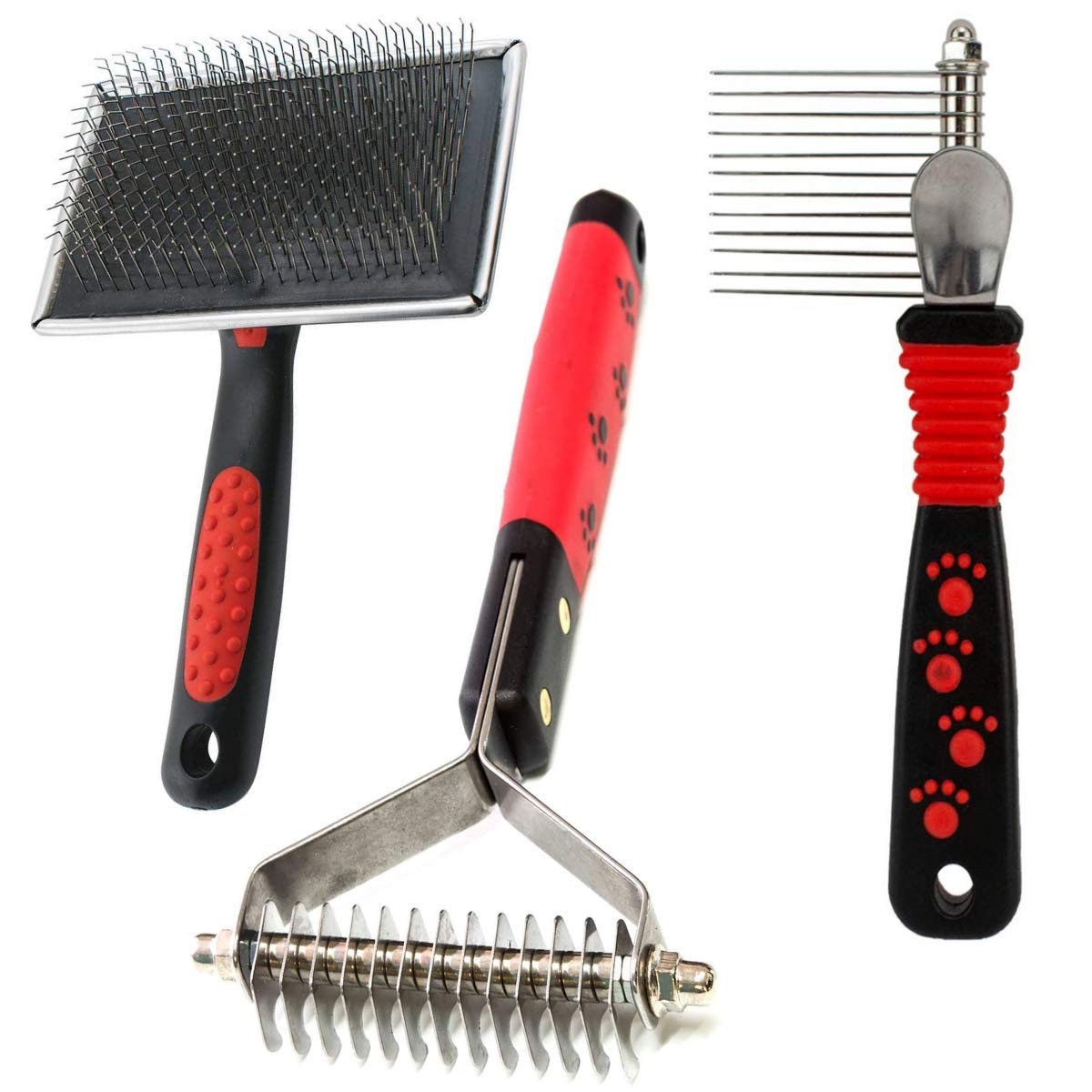 Paw Brothers Stainless Steel Large Slicker Brush, 13-Blade Undercoat Rake & 12-Blade Dematting Tool Set for Dogs - Professional Grooming Kit for Long & Short Hair, Shedding Control & Matted Fur Removal - Perfect for Home Pet Care & Professional Groomers