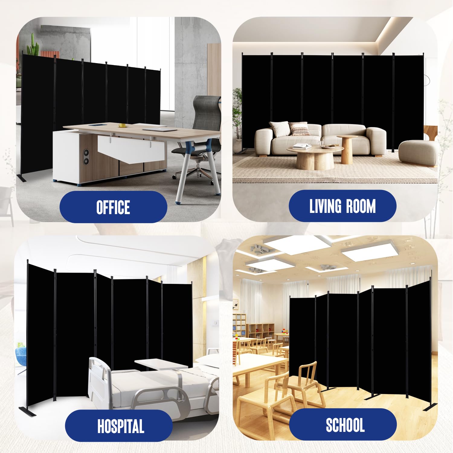 6 Panel Folding Room Divider Privacy Screen - 11 Ft Wide Portable Partition for Bedroom, Office & Studio - Black | Space Separator for Home, Events & Workspaces