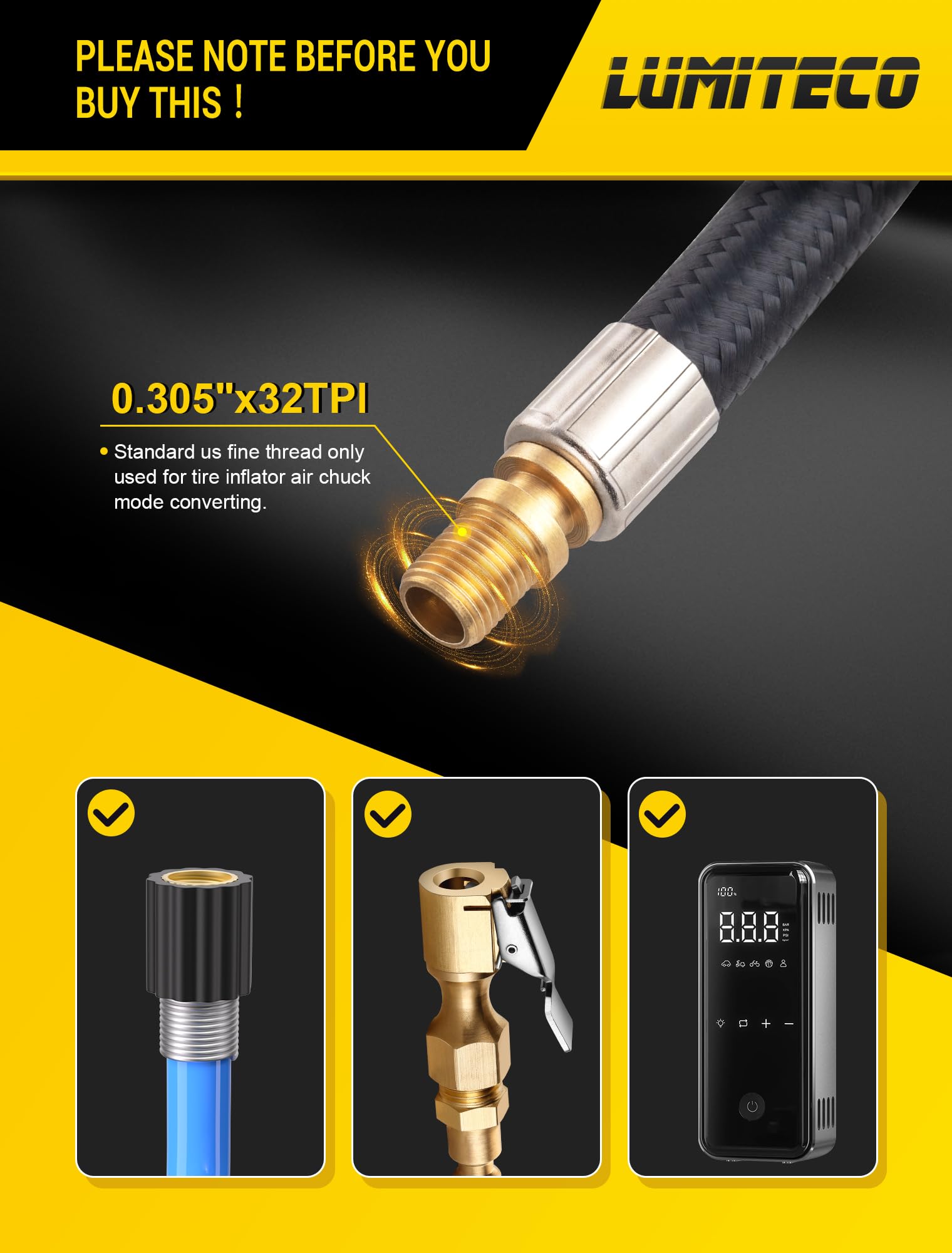 LUMITECO Quick Connect Tire Chuck Hose with Presta Valve & Air Pump Ball Needle - Universal Tire Inflator Pump Hose Adapter for Portable Air Compressors - Perfect for Bikes, Cars, Motorcycles & Sports Equipment