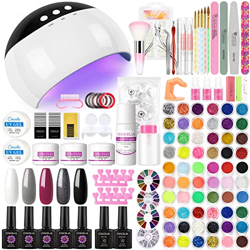 Professional Gel Nail Polish Kit with UV Light - 5 Colors Nail Polish, 24W LED Nail Dryer, Glitter Powder & Acrylic Nail Kit - Includes Acrylic Powder Monomer Liquid Set & 36Pcs Glitter Powder (2 Pack) - Perfect for Home Manicures, Salon Use & DIY Nail Art