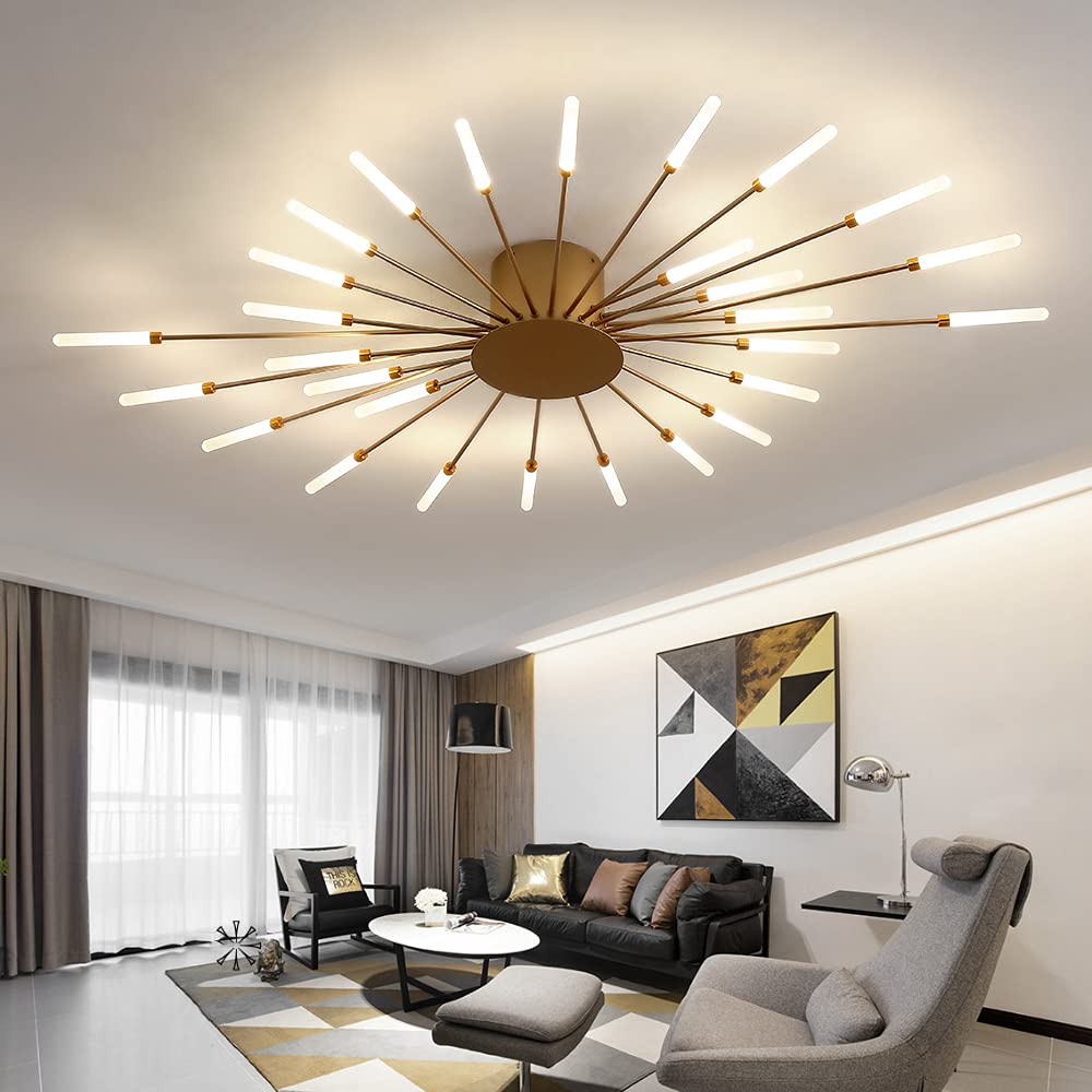 Modern Flower Shape Ceiling Light Fixture - 28 LED Sputnik Firework Petal Chandelier for Dining Room, Kitchen, Hallway - Flush Mount Metal Acrylic Lighting (Matte Gold) | Perfect for Home Decor, Restaurant Lighting & Commercial Spaces