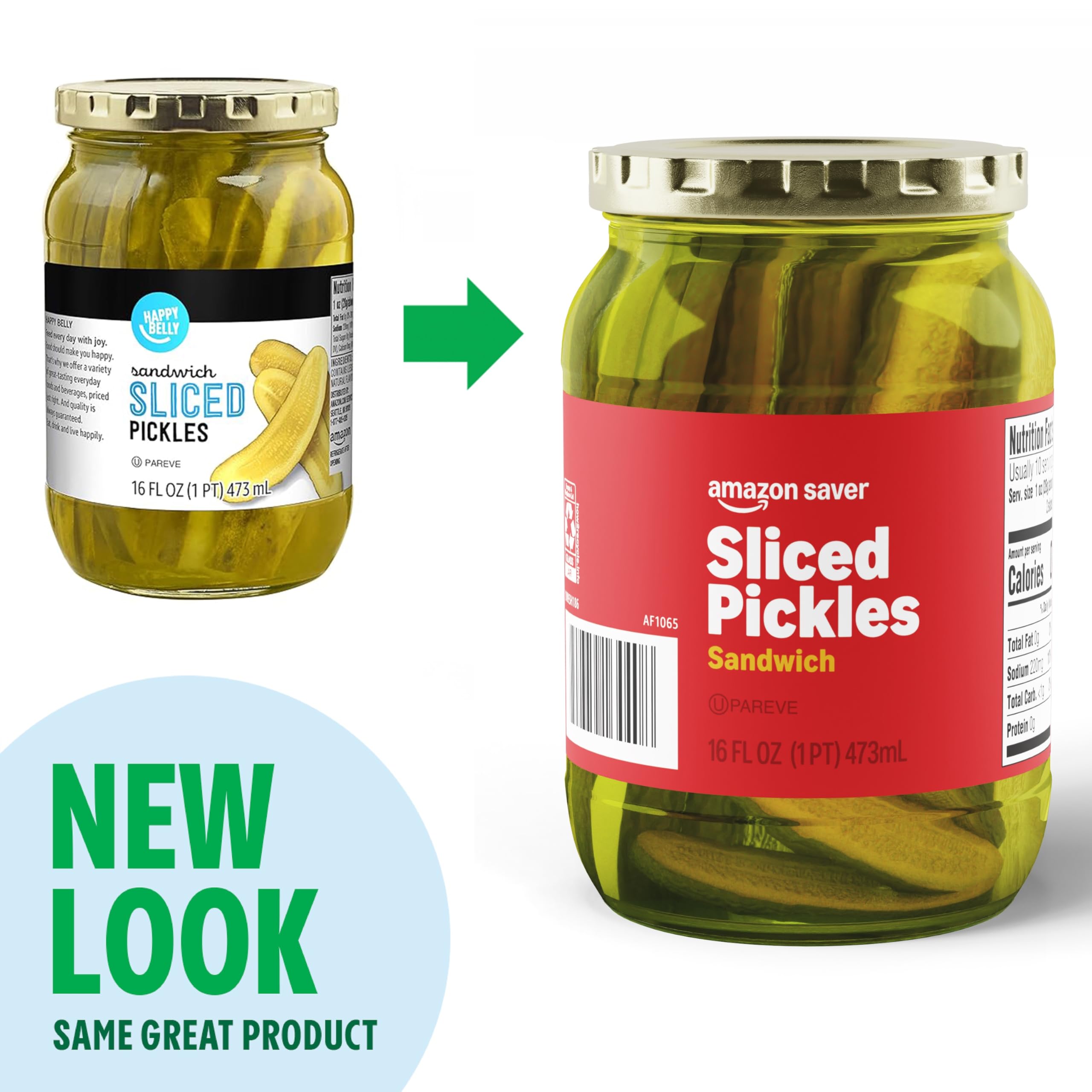 Amazon Saver Sliced Sandwich Pickles – 16 Fl Oz Jar (Formerly Happy Belly, Packaging May Vary) – Perfect for Burgers, Hot Dogs & Deli Sandwiches