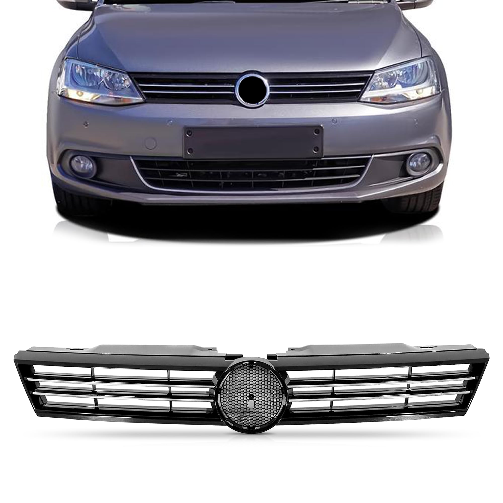 PartsFlow Front Upper Grille Mesh Black With Chrome Trim - Compatible With 2011-2014 VW Volkswagen Jetta Sedan MK6 | Replacement Car Grille for Enhanced Style & Protection | Perfect for Upgrades, Repairs, and Custom Car Modifications