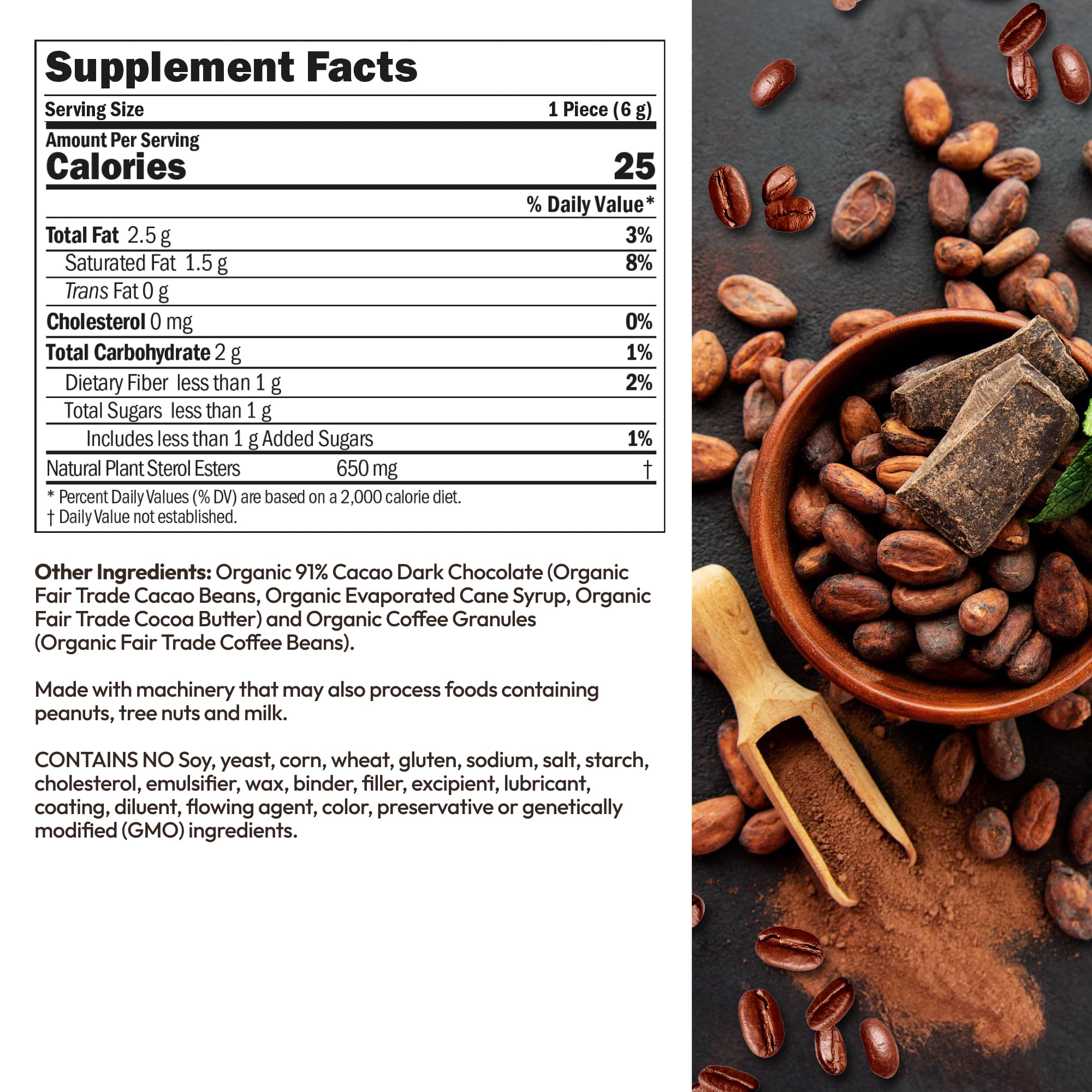 Organic Fair Trade Coffee-Flavored Dark Chocolate 91% Cacao - ANDREW LESSMAN ChocoNuvo Café 120 Pieces with Plant Sterols for Healthy Cholesterol Balance, Low Fat 25 Calorie Squares - Perfect for Gifts, Healthy Snacking & Coffee Pairing