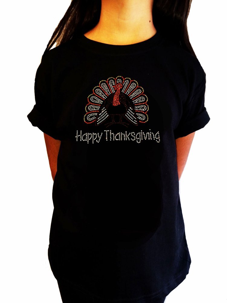 Girl's Thanksgiving Rhinestone T-Shirt - Cute Turkey Design Holiday Shirt for Kids | Perfect for Family Gatherings, School Parties & Fall Festivals