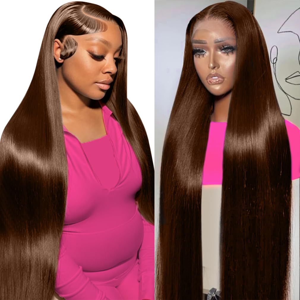 32 Inch Chocolate Brown Lace Front Wigs Human Hair 200% Density 13x6 HD Straight Pre Plucked 4# Frontal Wigs for Women - Natural Look for Daily Wear, Cosplay & Special Occasions