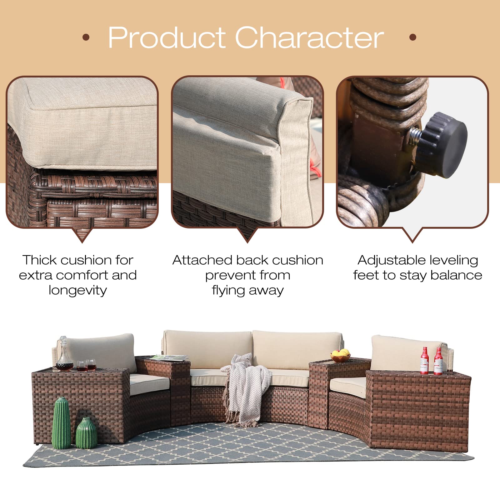 **SUNSITT 8-Piece Outdoor Patio Furniture Set - Half-Moon Curved PE Wicker Sectional Sofa with Beige Cushions, Brown Rattan Conversation Set for Garden, Poolside, Backyard & Patio Relaxation**