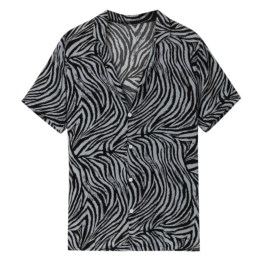 Men's Casual Hawaiian Beach Shirt - Summer Lapel Striped Short Sleeve Top Blouse for Vacation, Party & Outdoor Activities (Black, Size L)