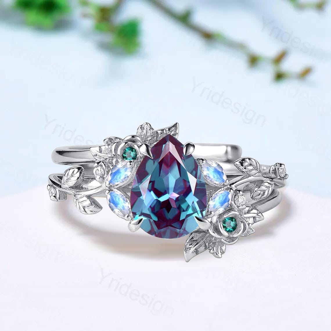 Alexandrite Engagement Ring Set - Pear Shaped Nature Inspired Floral Leaf Vine Design with Marquise Moonstone, Art Deco Bridal Wedding & Anniversary Jewelry – Perfect for Proposals, Weddings, and Special Occasions