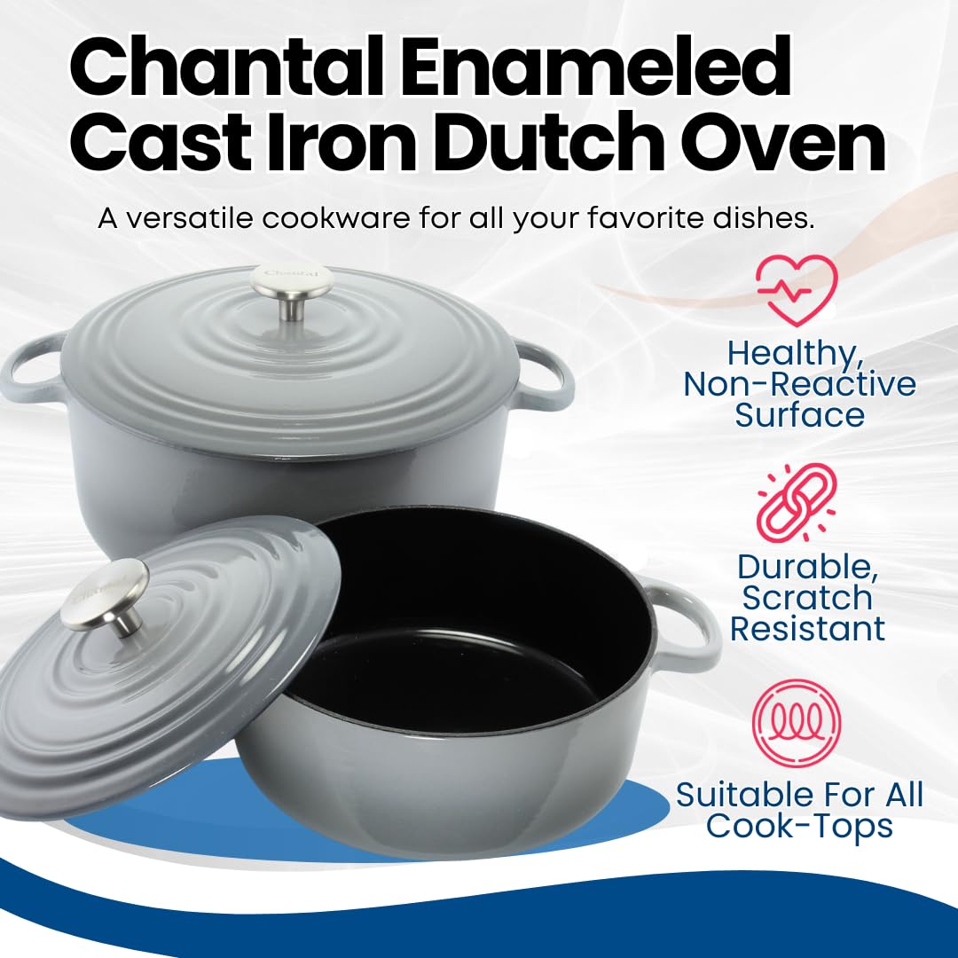 Premium Chantal 7 Quart Enameled Cast Iron Dutch Oven - US Formulated Fade Grey Enamel for Baking, Braising & Slow Cooking