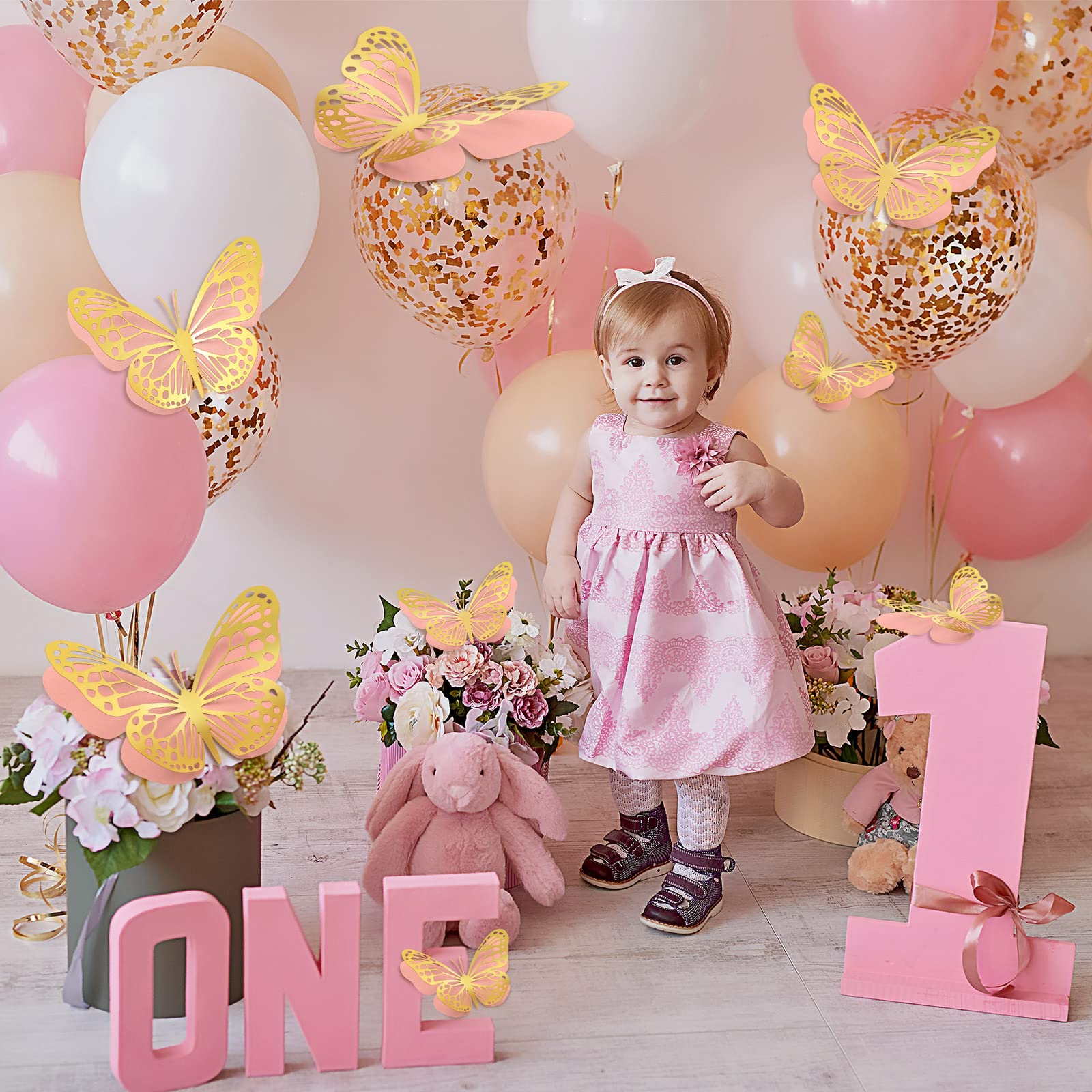 Geosar 3D Large Butterfly Party Decorations - 20 Pcs Giant Paper Butterfly Wall Stickers for Birthday, Baby Shower & Nursery (Gold & Pink) | Perfect for Wall Decor, Ceiling Hangings & Photo Backdrops
