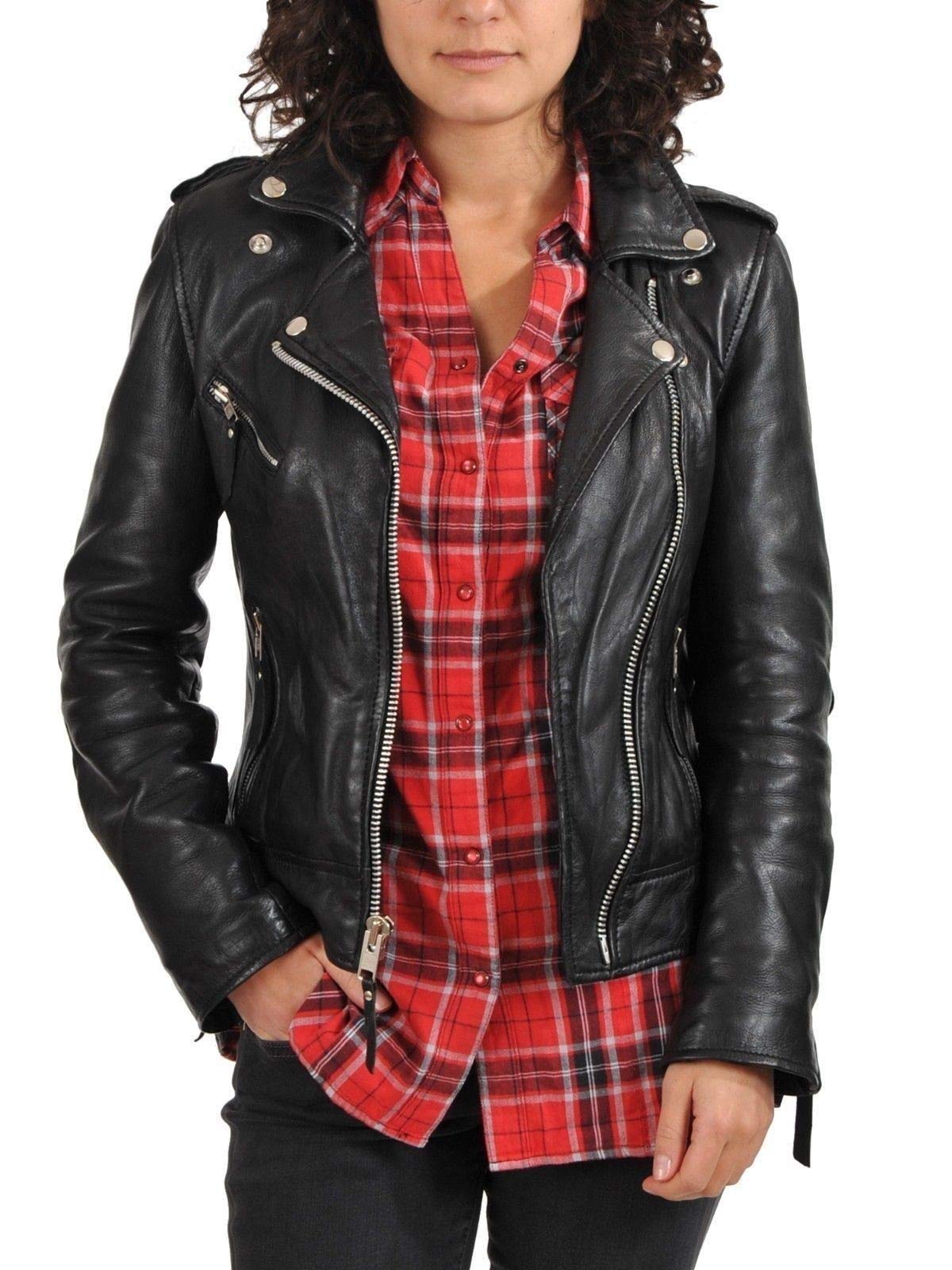 Women's Genuine Leather Motorcycle Jacket - Stylish Black Biker Outerwear for Riding & Casual Wear