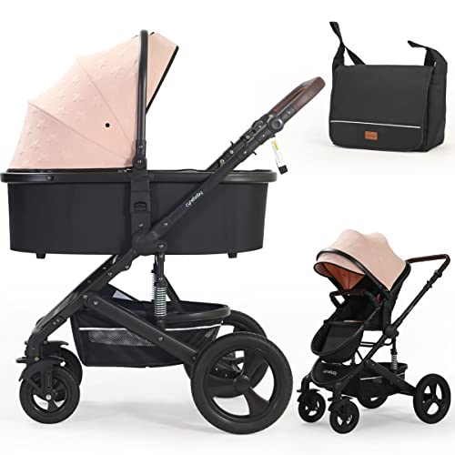 Premium 2-in-1 Reversible Baby Stroller for Newborns & Toddlers - All-Terrain Folding Pram with Bassinet Carriage, Sleeping & Sitting Modes | Perfect for Park Walks, Shopping & Travel (Pink)