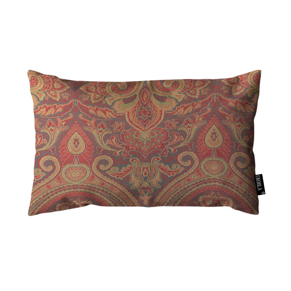 EKOBLA 12x20 Inch Paisley Floral Throw Pillow Cover - Asian Ethnic Batik Style Cotton Linen Cushion Cover for Sofa, Couch, Bed - Home Decor, Living Room, Bedroom Accent (Traditional Culture Design)