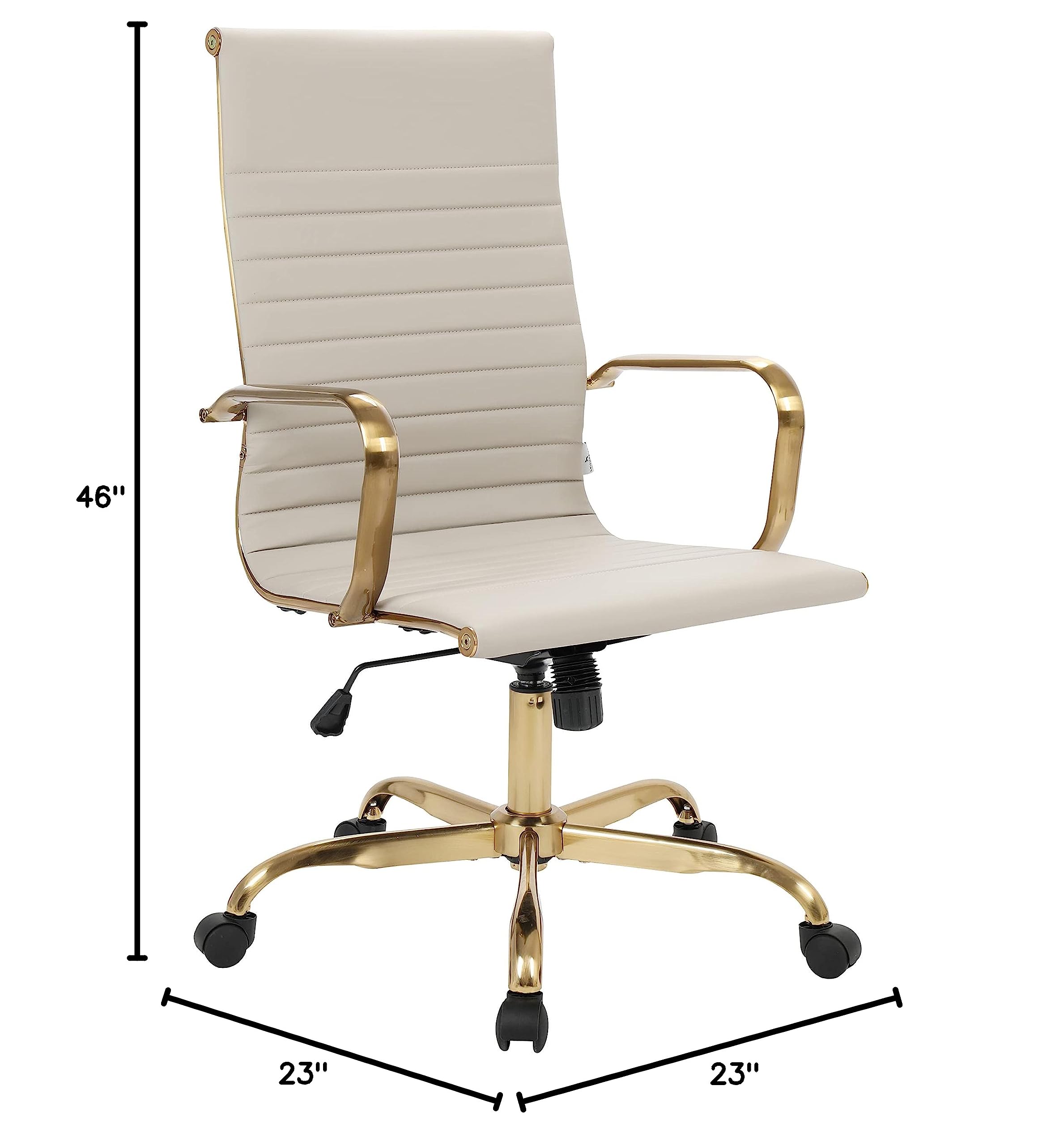 LeisureMod Harris High-Back Office Chair - Modern Leather Executive Chair with Gold Frame & 360 Swivel, Ergonomic Ribbed Design for Home Office, Study & Workspace | Perfect for Long Work Hours & Video Conferencing