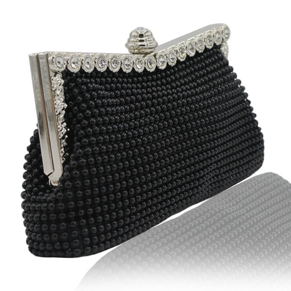 Kingluck Women's Elegant Aluminum Framed Clutch Bag with Satin Lining & Pearl Accents - Perfect for Evening Parties, Weddings & Special Occasions (Black)