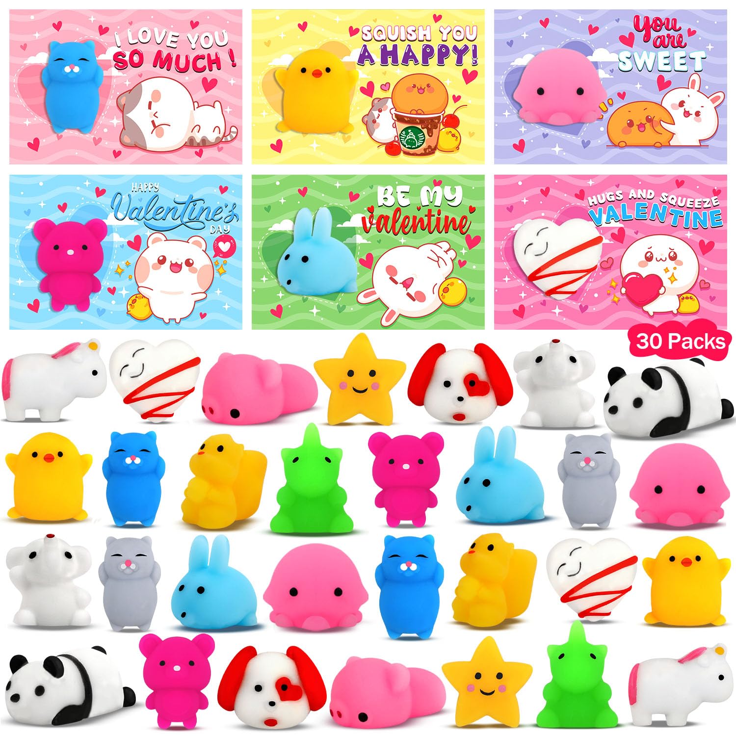 30 Pack Kawaii Mochi Squishy Toys for Kids - Soft Stress Relief Sensory Fidget Toys for Anxiety, Party Favors, Classroom Prizes & Gift Exchange (Perfect for Birthday Parties, School Rewards & Relaxation)