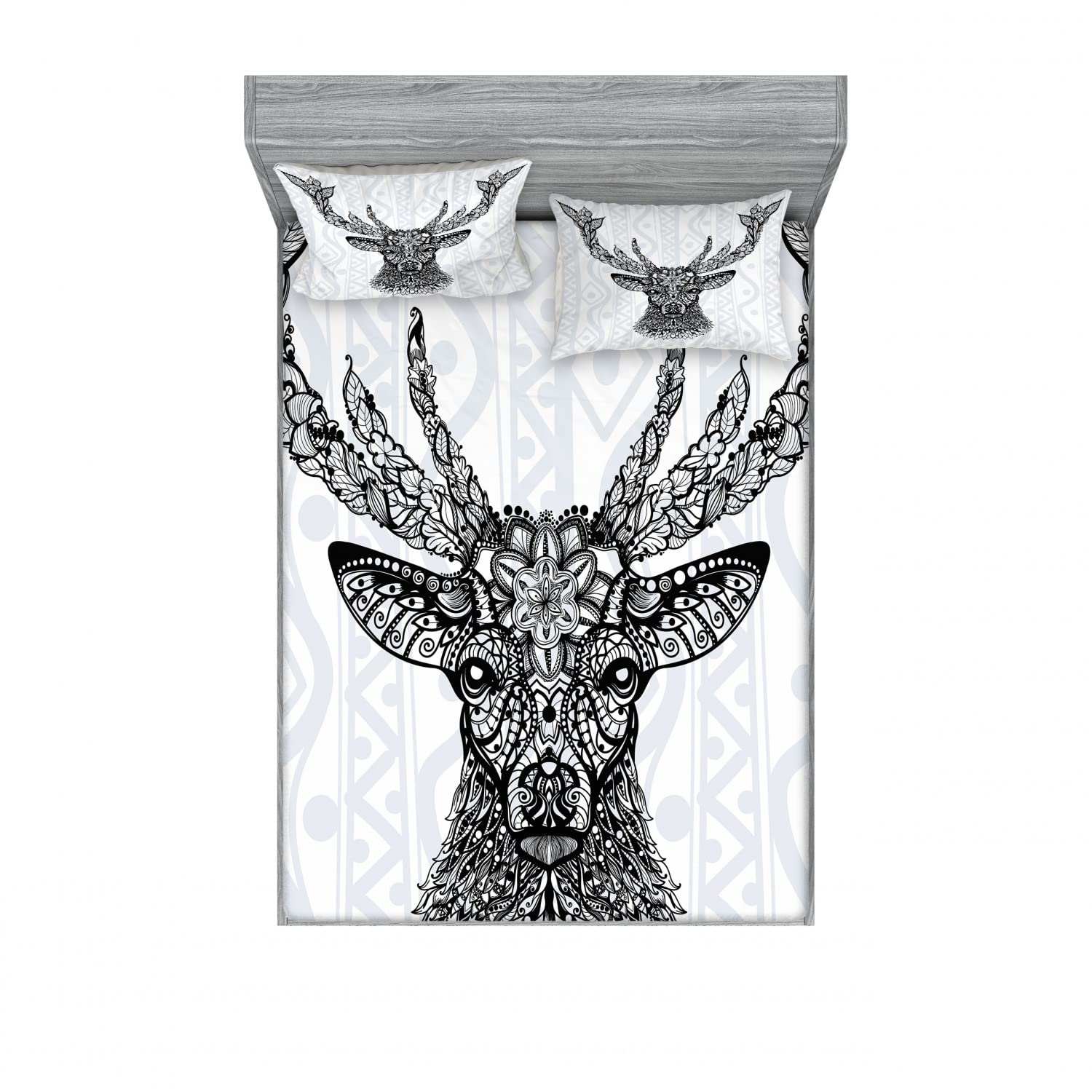 Ambesonne Bohemian Deer Print 2-Pack Full Size Fitted Sheet Set with 4 Pillow Shams - Black & White Floral Bedding Decor for Guest Room, Dorm or Bohemian Style Bedroom