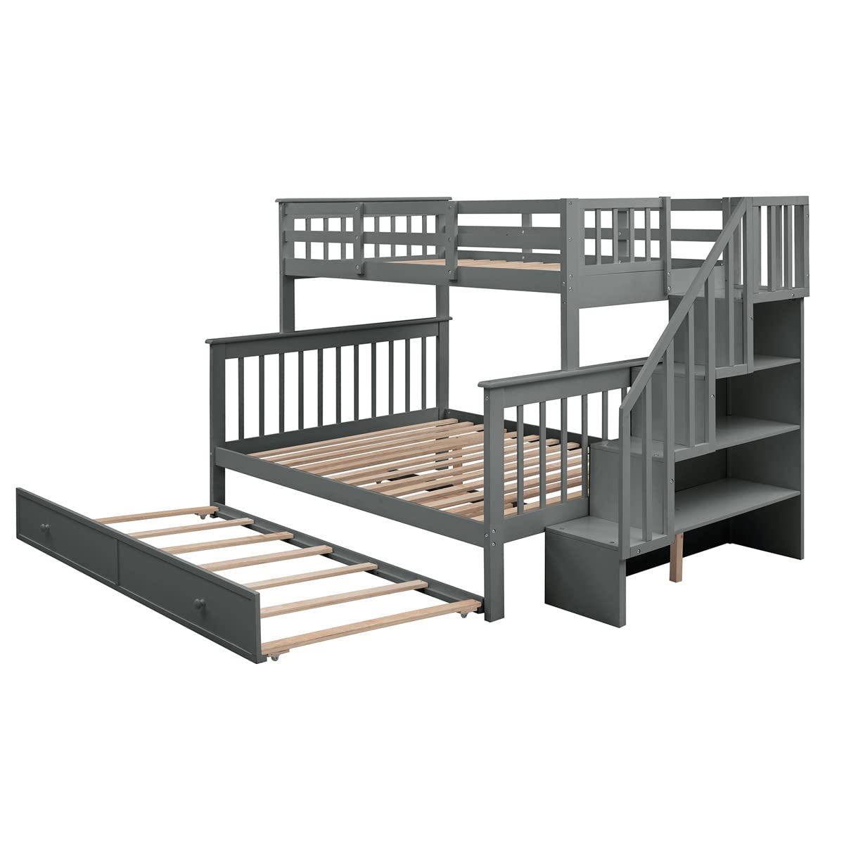 Twin-Over-Full Bunk Bed with Stairs, Twin Trundle & Storage - Solid Wood Bunk Bed Frame with Safety Guard Rail for Kids, Teens & Adults - Space-Saving Bedroom & Dorm Furniture in Gray