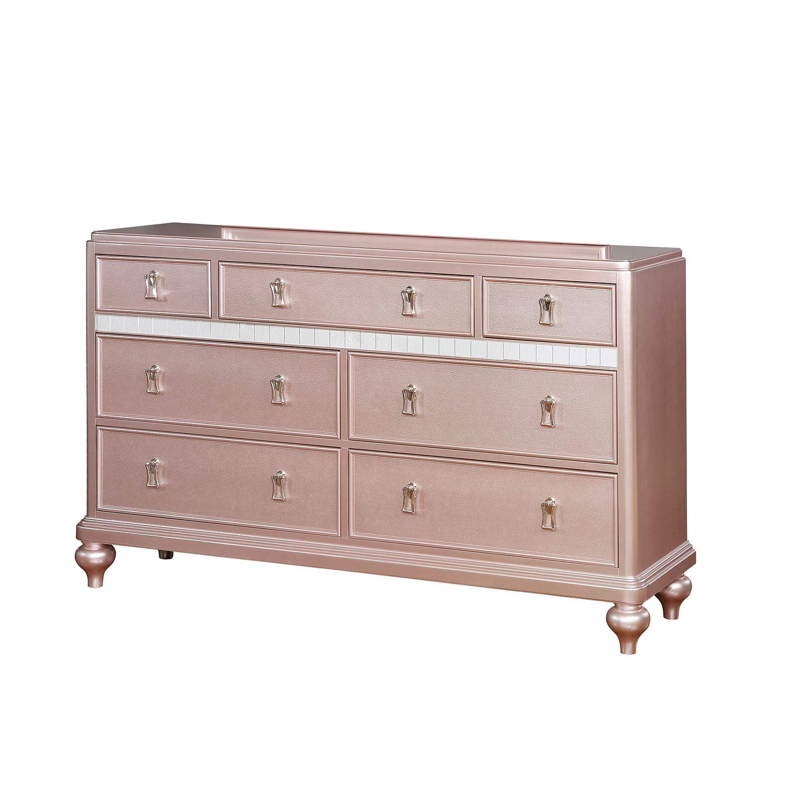 Benjara 7-Drawer Wooden Dresser with Mirror Panel Inserts in Rose Gold - Perfect for Bedroom Storage & Organization