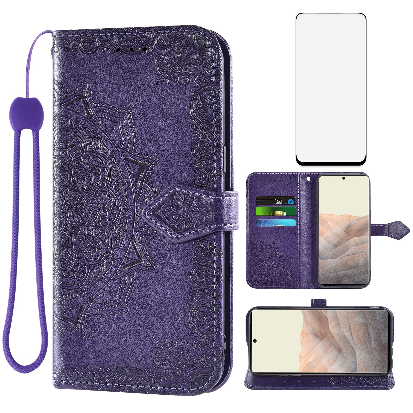 Google Pixel 6 Pro Wallet Case with Tempered Glass Screen Protector - Leather Flip Cover Card Holder & Stand - Compatible with Pixel 6 Pro/6 XL/6Pro 5G (Purple) - Perfect for Work, Travel & Everyday Protection