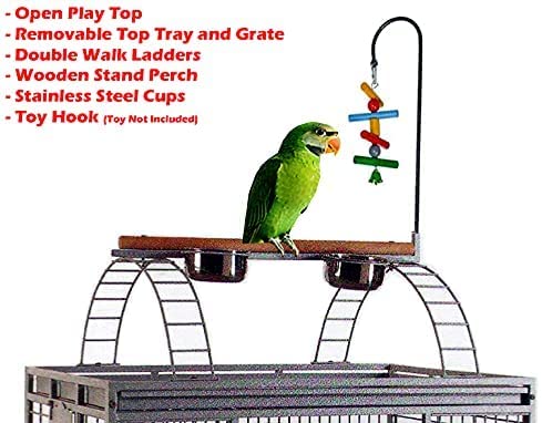 Extra Large Wrought Iron Bird Cage for Parrots - Durable Play Top Design for African Grey, Quaker, Amazon, Cockatiel, Sun Conure & More - Rolling Stand Included - Perfect for Home, Office or Outdoor Aviary Use