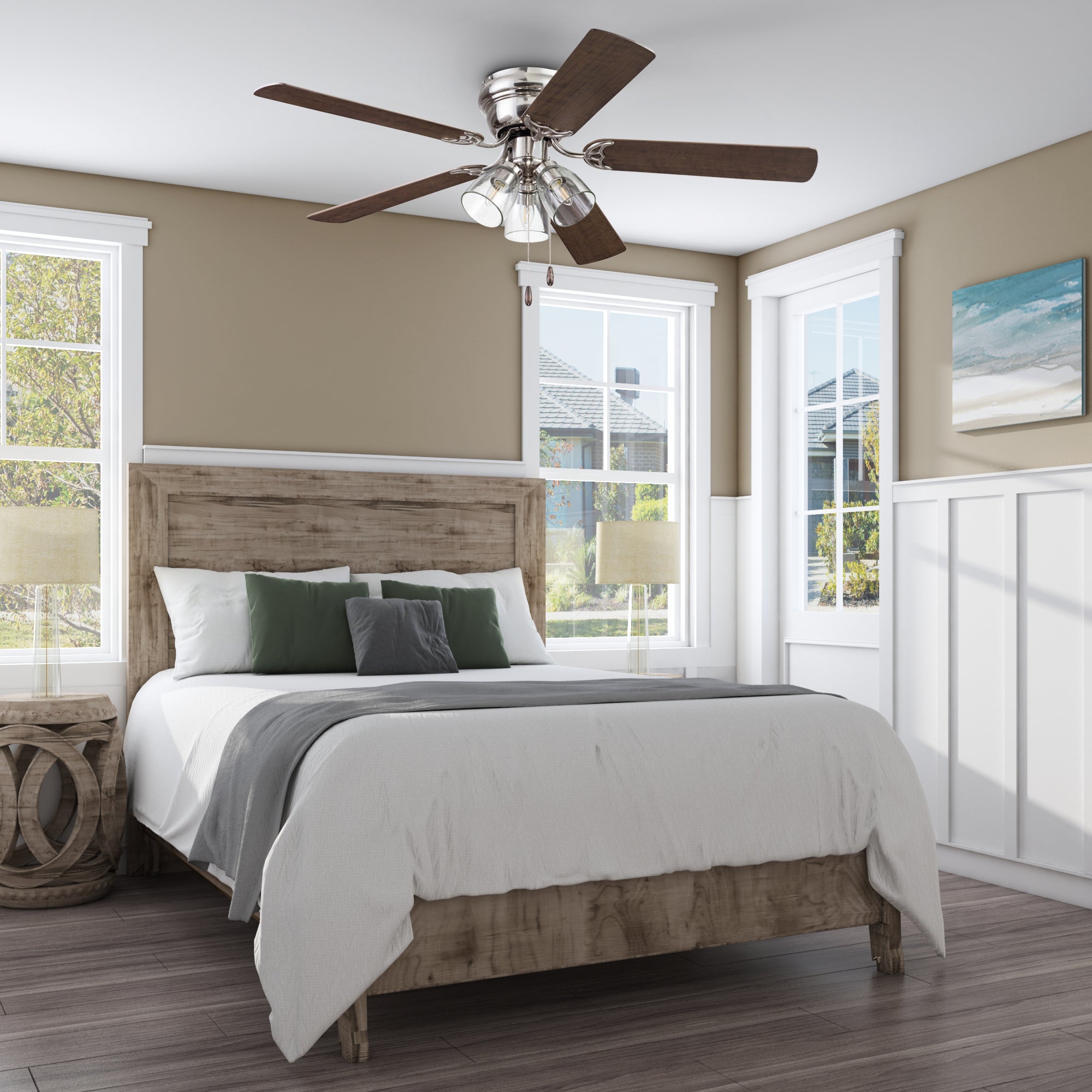 52 Inch Renton Brushed Nickel Ceiling Fan with Pull Chain - Modern Indoor Ceiling Fan for Living Room, Bedroom, and Office - Energy Efficient with Quiet Operation