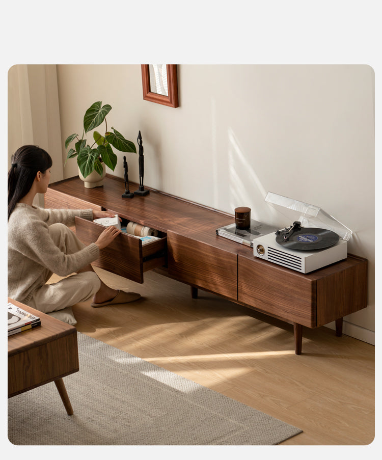 Modern Black Walnut Solid Wood TV Stand - Minimalist Entertainment Center for Living Room, Home Theater & Media Storage