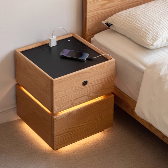 Solid Oak Wood Nightstand with Drawer - Modern Multifunctional Bedside Table for Bedroom, Living Room, or Office - Durable Storage End Table with Shelf