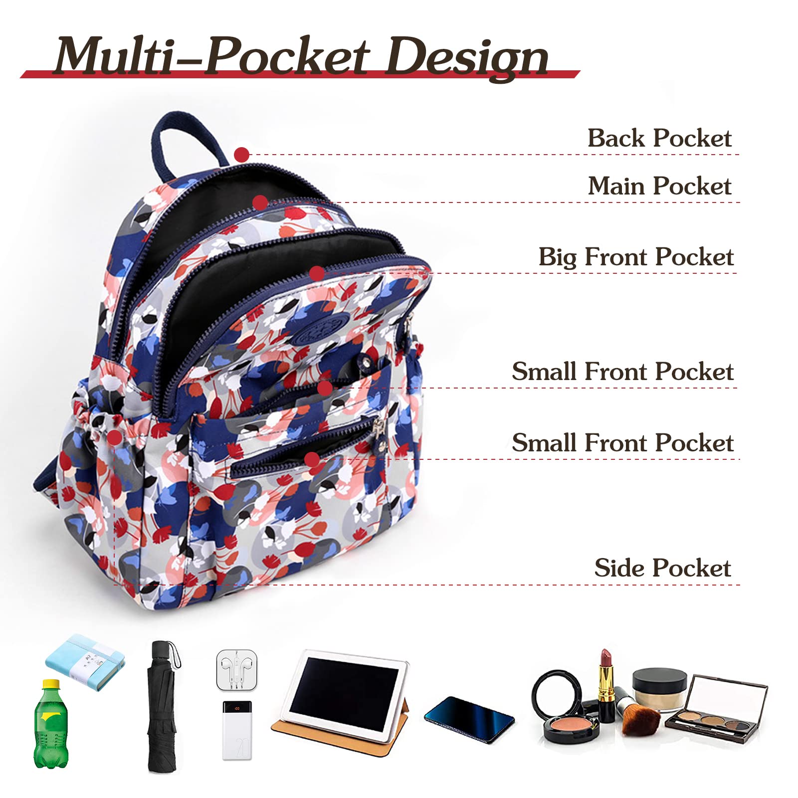 PORRASSO Women's Backpack - Lightweight Nylon Daypack for Work & Travel - Stylish Dots Design