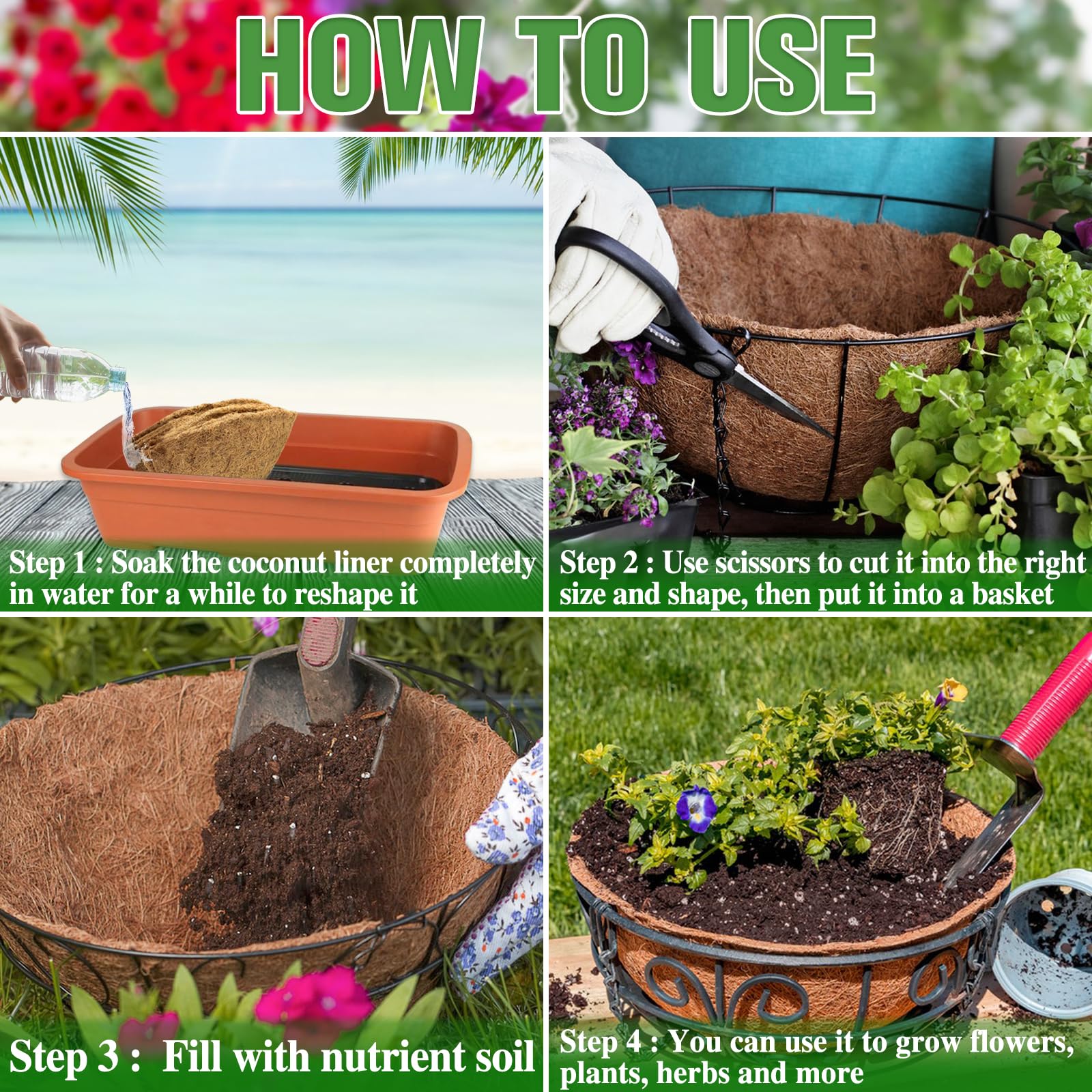 3PCS 12 Inch Natural Coconut Coir Hanging Basket Liners - 100% Organic Coco Fiber Plant Pot Liners for Flowers, Vegetables & Indoor/Outdoor Plants | Perfect for Balcony Gardens, Vertical Planters & DIY Home Decor