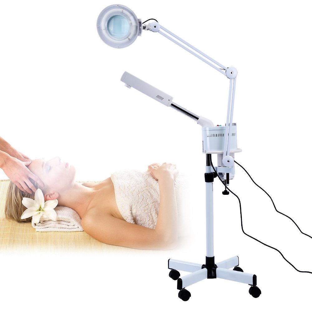 Professional 3-in-1 Facial Steamer with 5X Magnifying Lamp & Aromatherapy - LED Floor Magnifier Light with Rolling Wheels for Salon, Spa & Home Skincare Treatments - Perfect for Deep Cleansing, Blackhead Removal & Relaxation