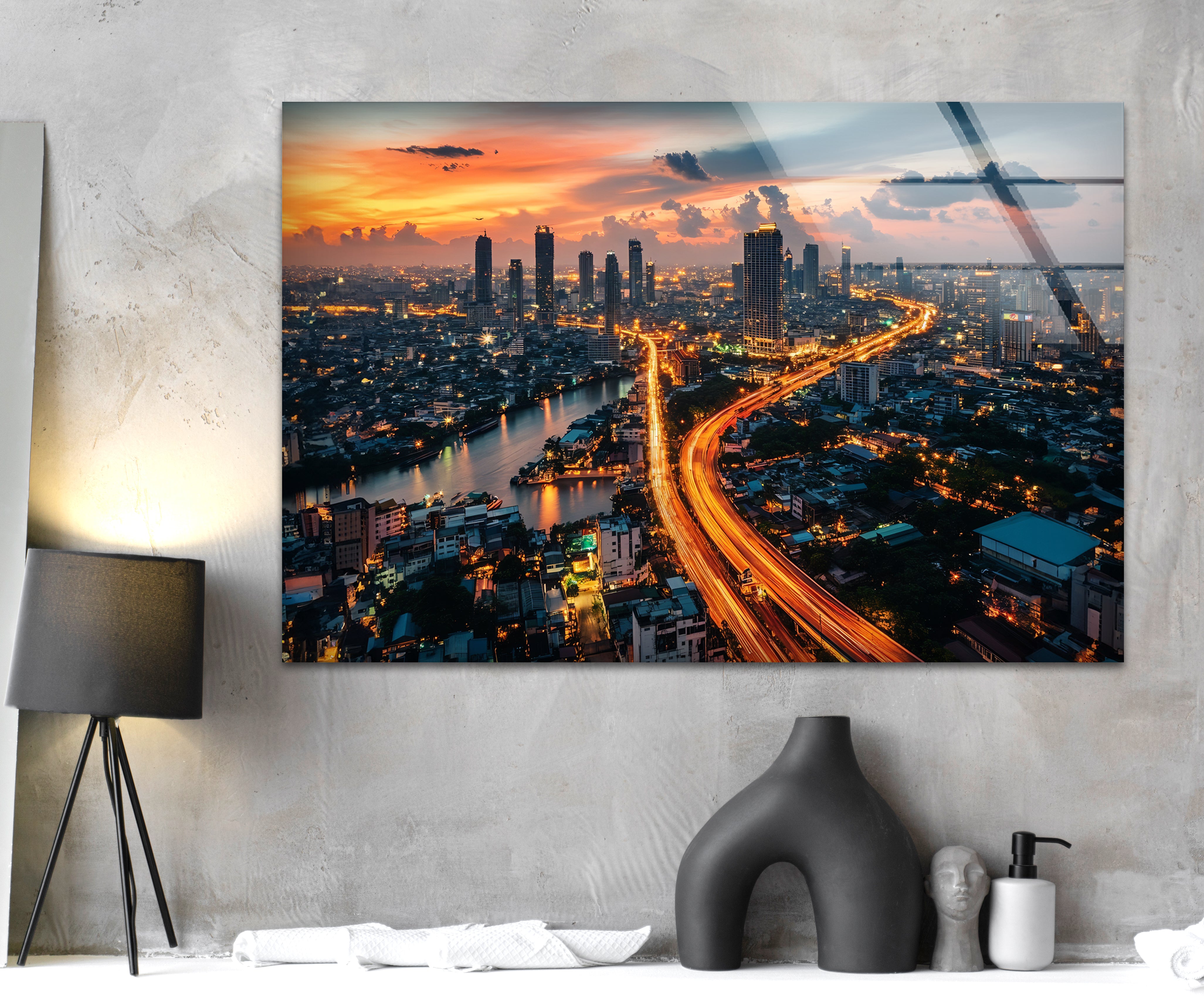 Bangkok Night Glass Wall Art - Stunning Cityscape Decor for Living Room, Bedroom & Office - Perfect Modern Home & Gift Idea
