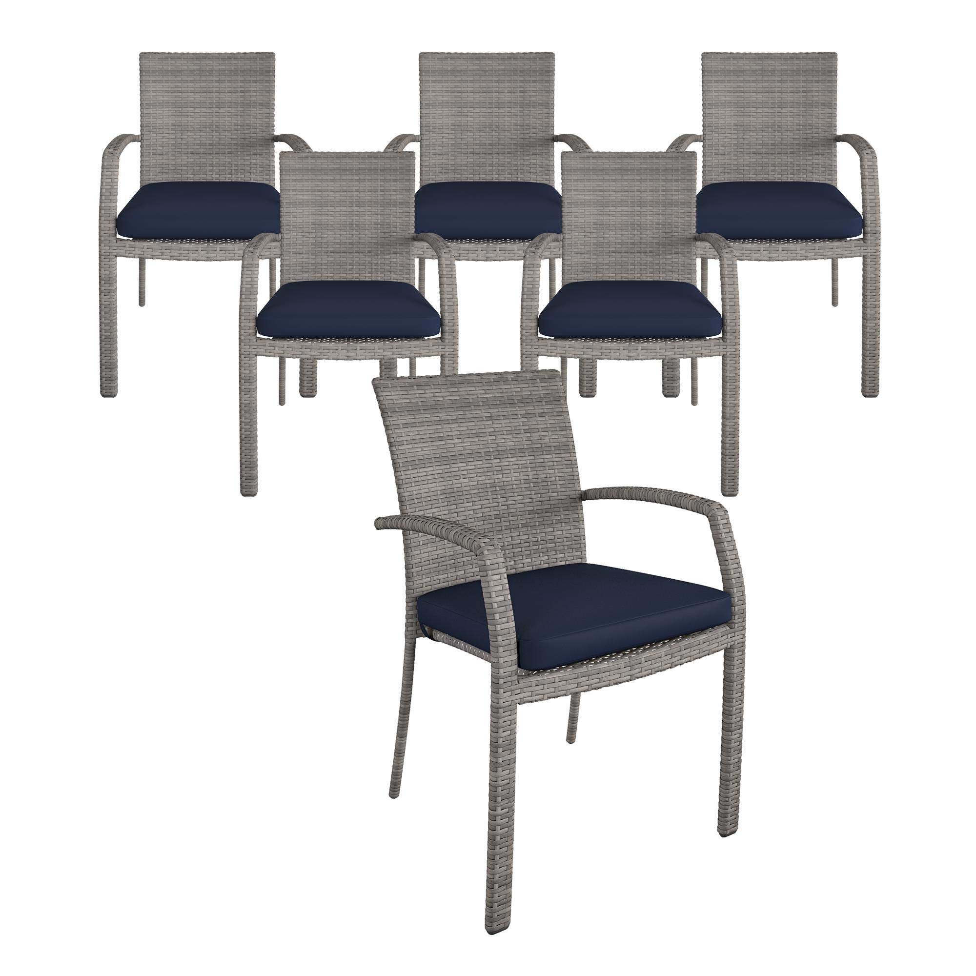 Cosco Lakewood Ranch Stacking Dining Chairs with Blue Cushions, 6-Pack - Durable Outdoor Patio Furniture for Poolside, Garden, and Backyard Gatherings