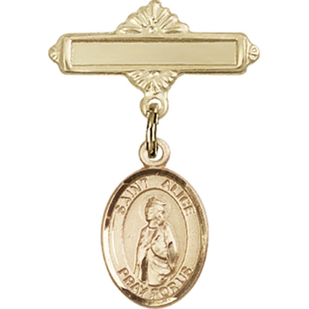 1 X 5/8 Inch Gold Filled Baby Badge with St. Alice Charm & Polished Pin - Perfect for Christening Gifts, Baby Showers & Keepsakes